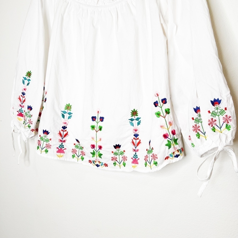 Timing Top Off the Shoulder Floral Embroidered Tie Sleeve White - Picture 2 of 5